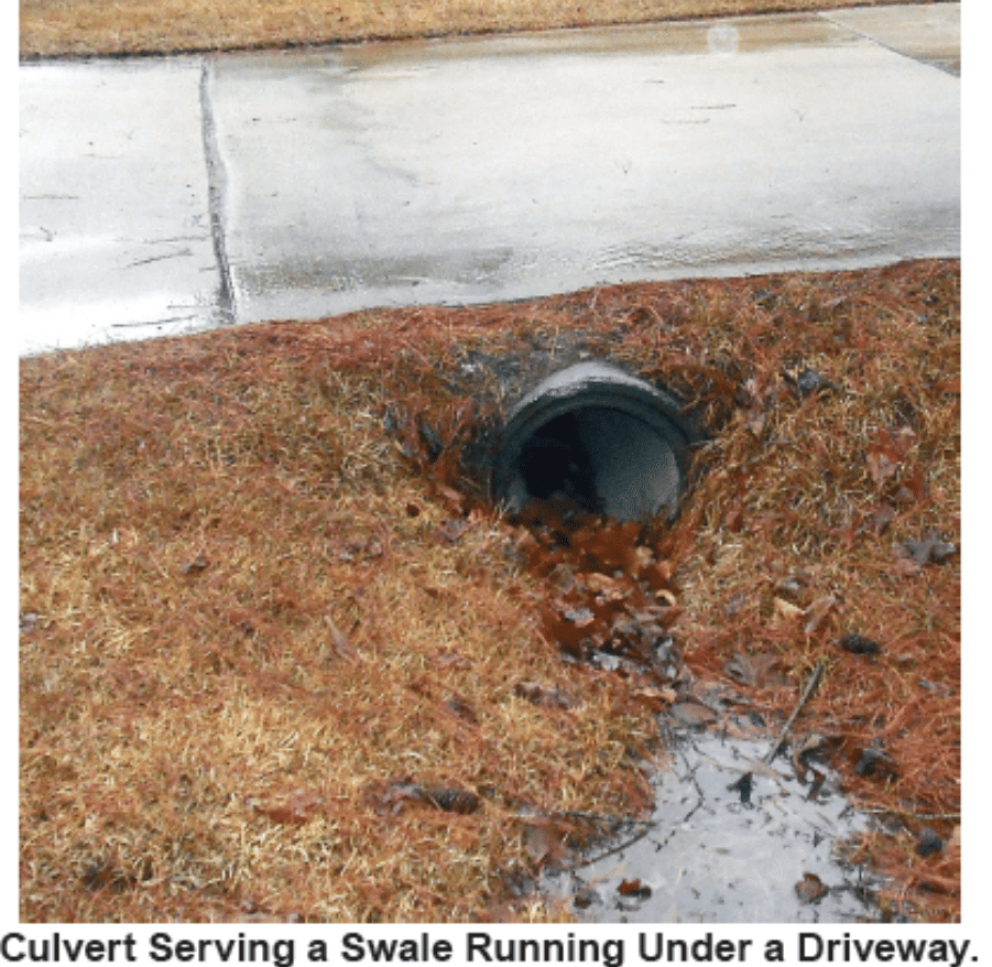 Image depicts a culvert serving a swale running under a driveway.