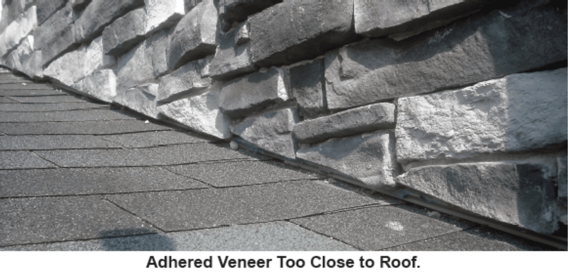 Image caption reads "Adhered veneer too close to roof."