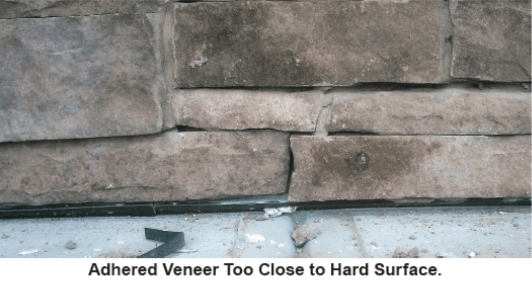 Image caption reads "adhered veneer too close to hard surface."