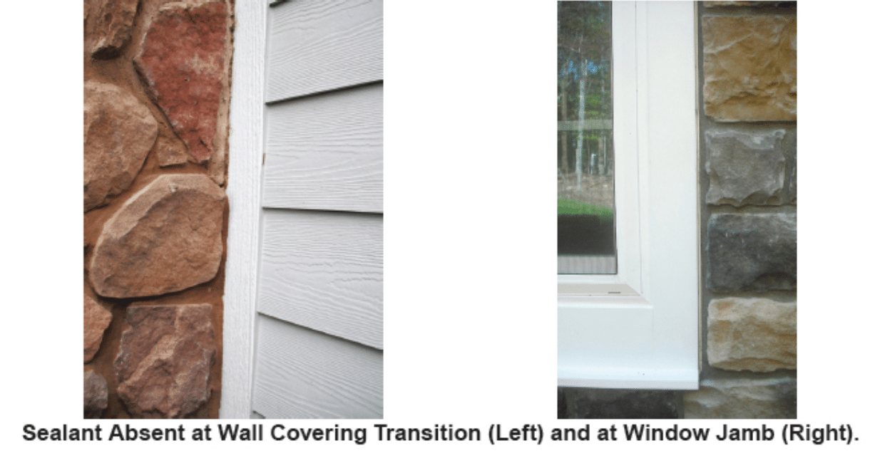 Image caption reads "Sealant Absent at Wall Covering Transition (Left) and at Window Jamb (Right).