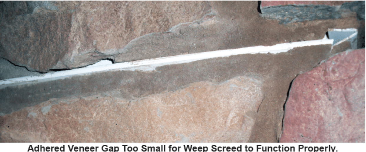 Image caption reads "Adhered Veneer Gap Too Small for Weep Screed to Function Properly."