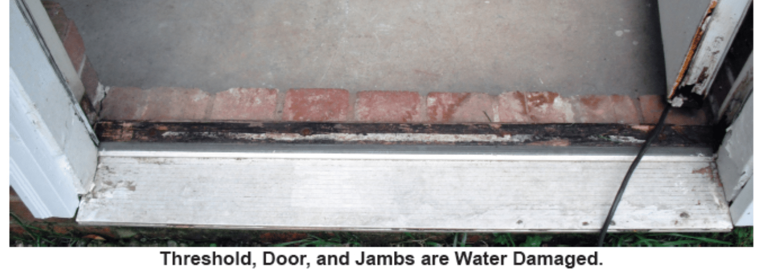 Image caption reads "Threshold, door and jambs are water damaged."