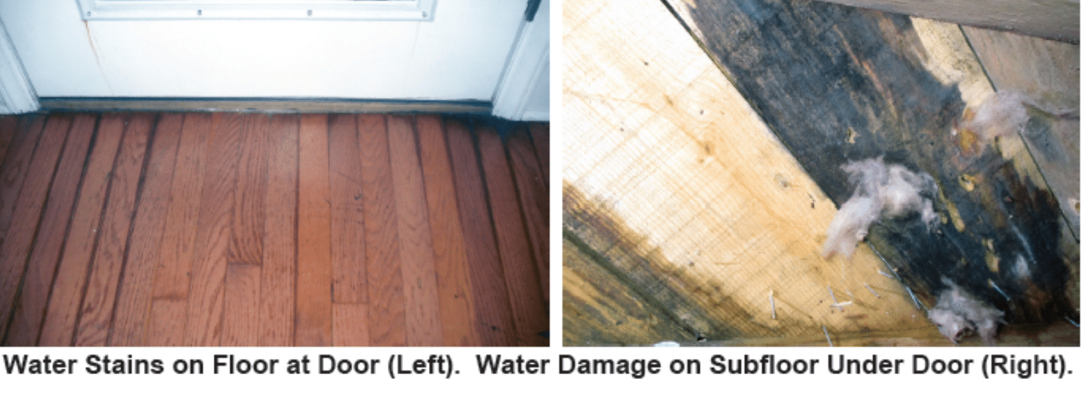 Two images side by side. Caption below reads "Water stains on floor at door (left). Water damage on subfloor under door (right).