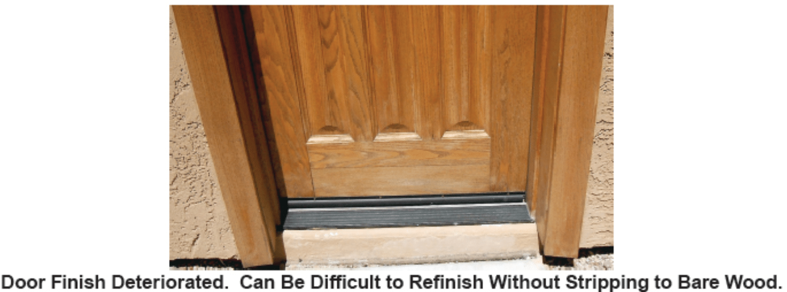 Image caption reads "Door finish deteriorated. Can be difficult to refinish without stripping to bare wood."