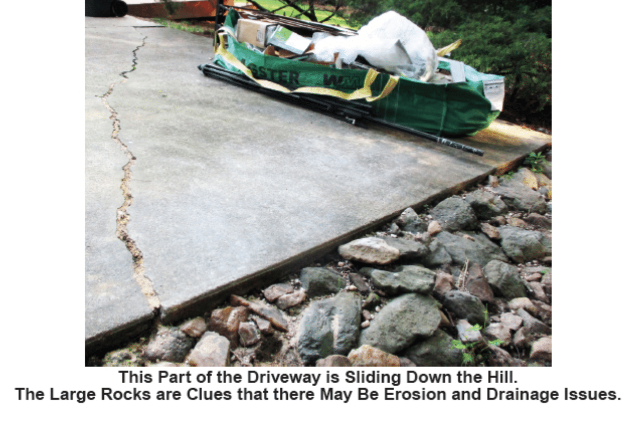 Photo depicts part of a driveway sliding downhill. Caption reads "This Part of the Driveway is Sliding Down the Hill. The Large Rocks are Clues that there May Be Erosion and Drainage Issues.