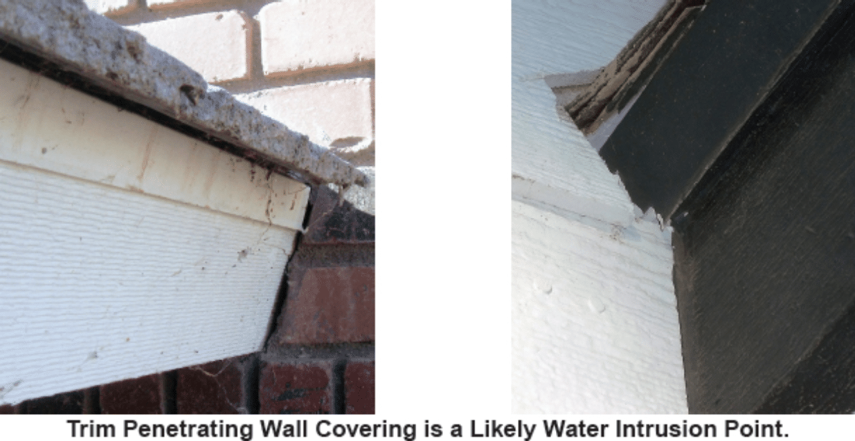 Two images side by side with the following caption underneath "Trim penetrating wall covering is a likely water intrusion point."