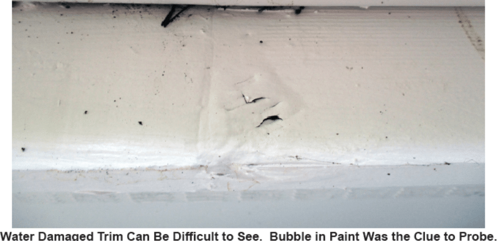Caption below the image reads "Water damaged trim can be difficult to see. Bubble in paint was the clue to probe."