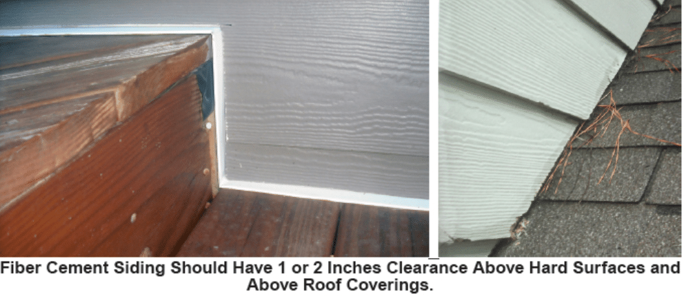 Two side by side images. Caption reads "Fiber cement siding should have 1 or 2 inches clearance above hard surfaces and above roof coverings."