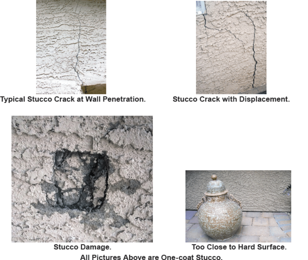 4 Images. Top-left is captioned "Typical stucco crack at wall penetration." Top right is captioned "Stucco crack with displacement." Bottom left is captioned "Stucco damage." Bottom right is captioned "Too close to hard surface."
Caption below all four reads "All pictures above are one-coat stucco.