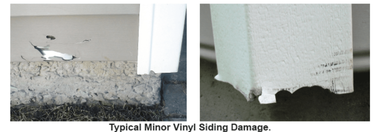 Two images side by side. Caption below reads "Typical minor vinyl siding damage."
